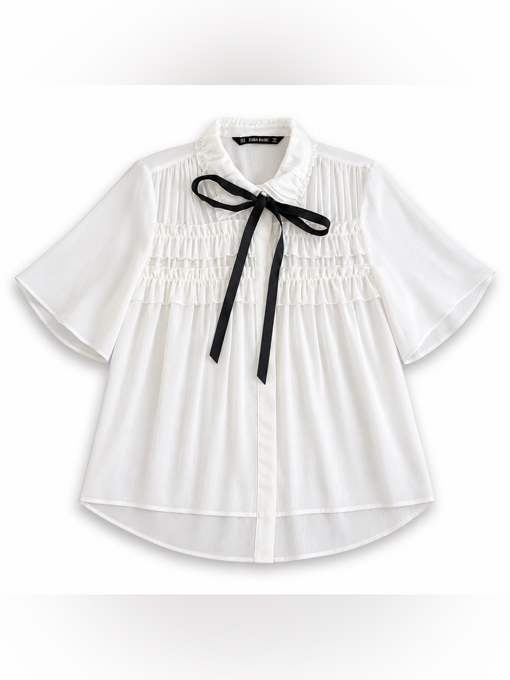 Zara Basic White Ruffle Bow Blouse Size S